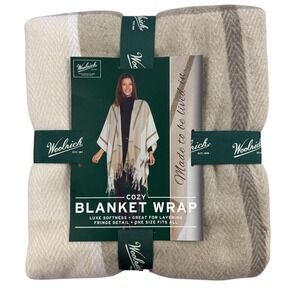 Woolrich Blanket‎ Wrap Womens One Size Beige Plaid Fringe Shawl Poncho NEW $70